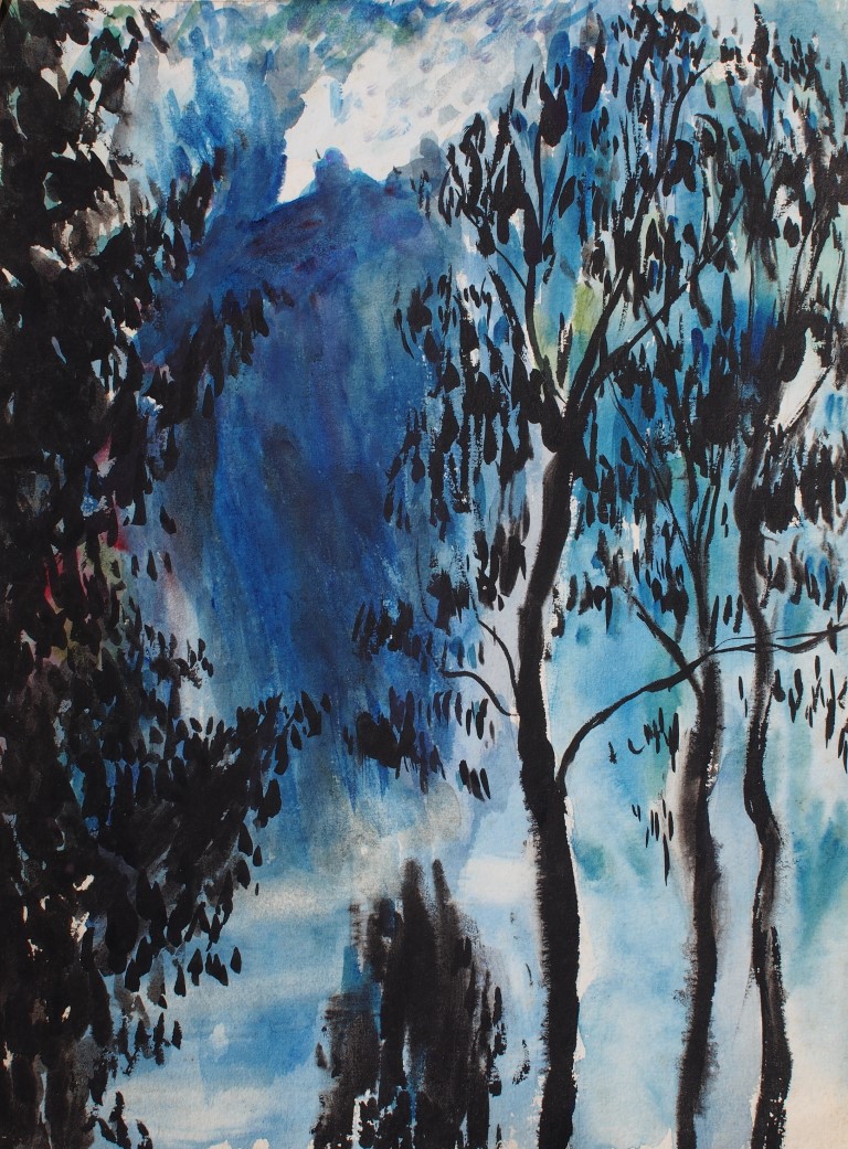 Watercolour painting of trees in blue by Francois Hugo