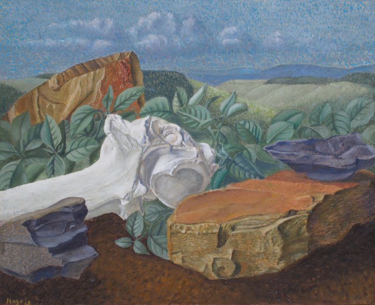 oil painting by Francois Hugo titled long withdrawing roar. This painting evokes a vanished world of primal nature with a bone in the shape of a lion's head.