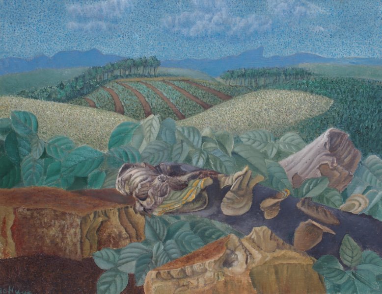oil painting by Francois Hugo titled inhlosane with wattle plantations and hills with the nhlosane mountain behind. This painting is about the regnerative power of nature. 