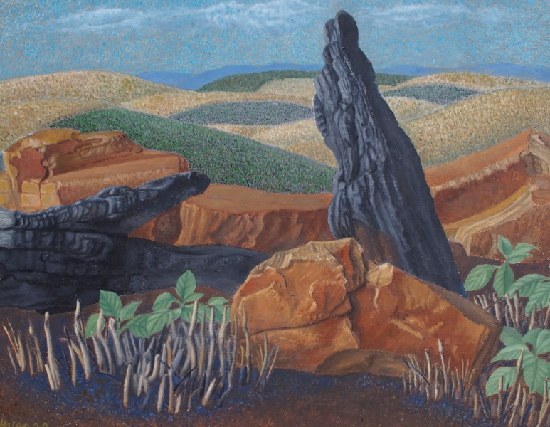 untitled oil painting by Francois Hugo with pieces of charcoal that evoke hands and fingers among shale rocks with a landscape of Natal midland hills behind.