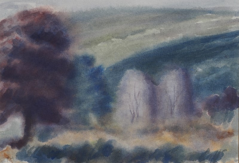 watercolour painting by Francois Hugo titled Hilton Autumn with view of trees in fall colours